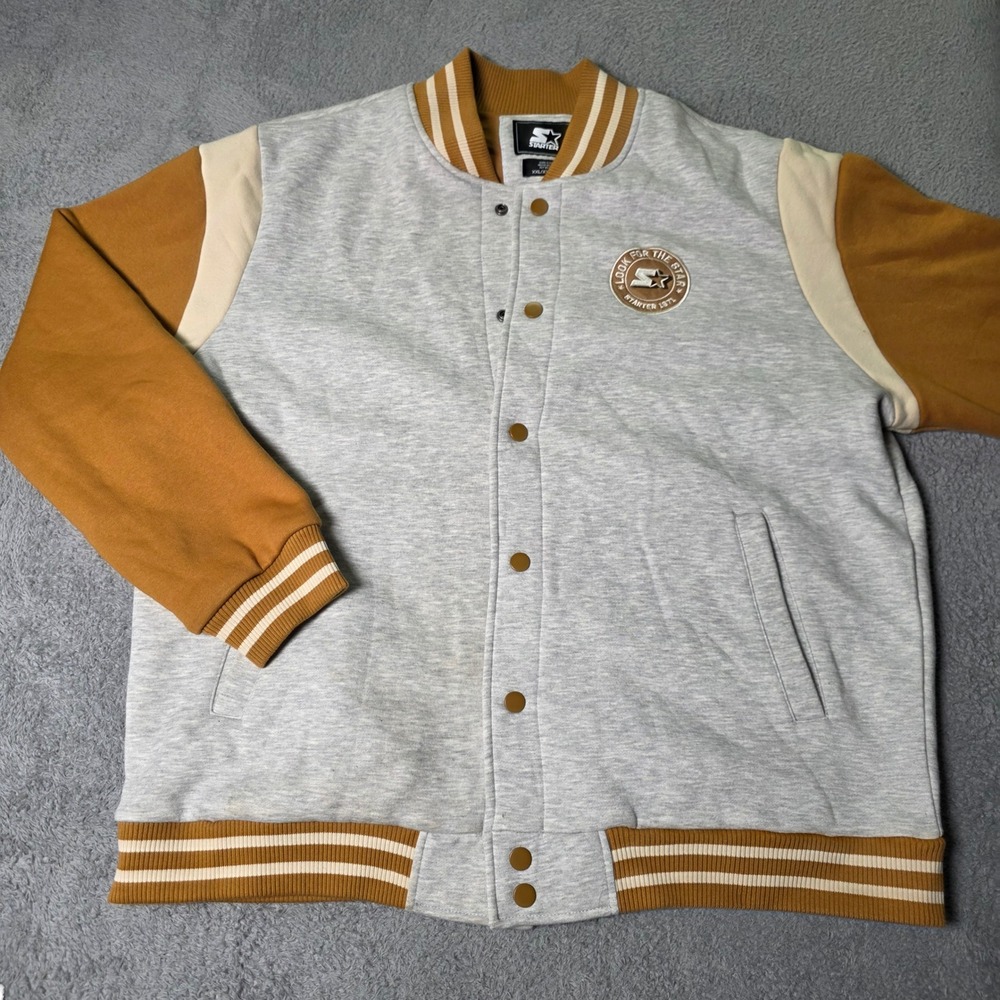 Starter Mens XXL Varsity Jacket Gray Brown Colorblock Snap Front Striped Trim
